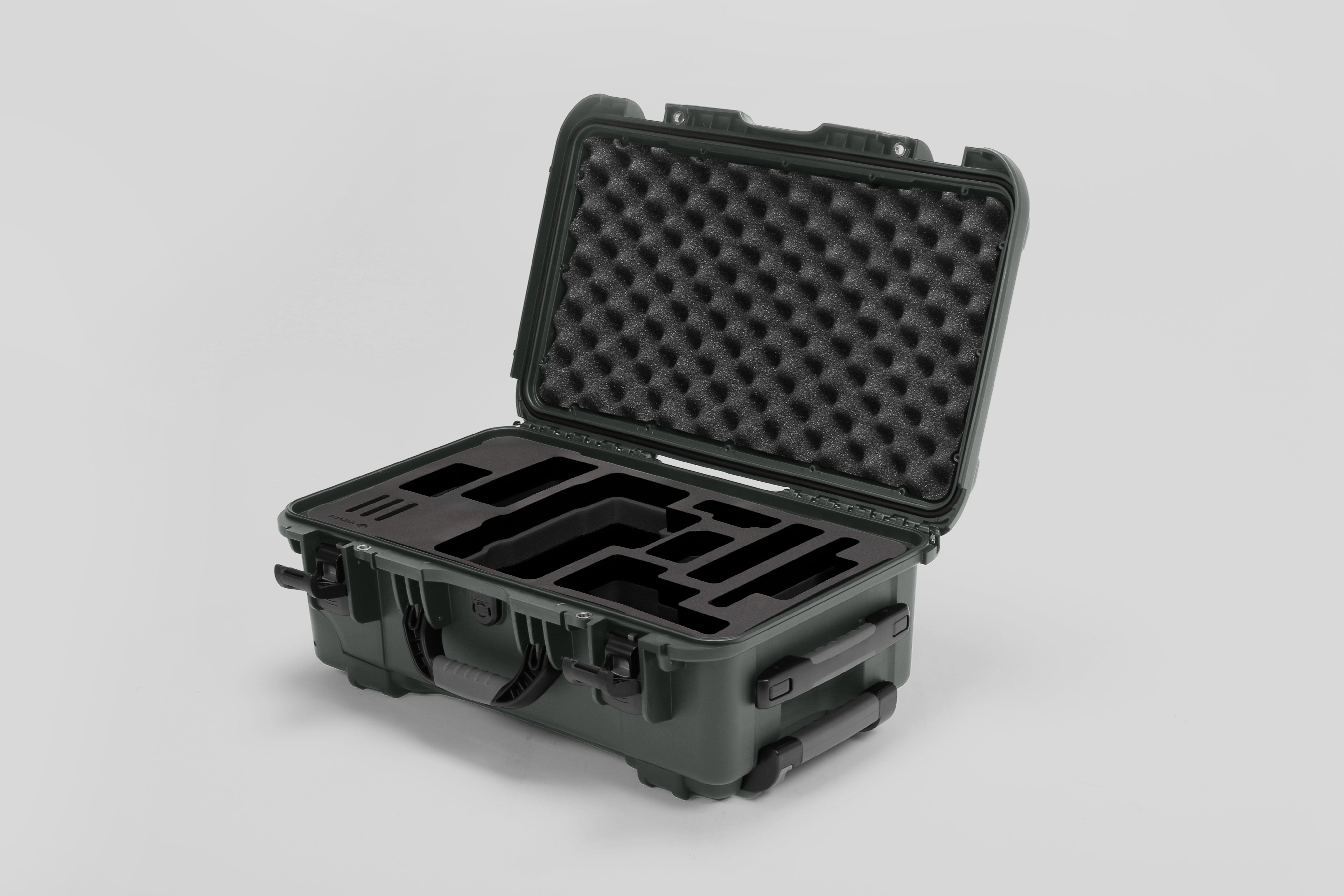 Angled view of Foama Olive Color Travel Case and Custom Foam Insert for RED Monstro