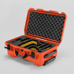 Angled view of Foama Orange Color Travel Case and Custom Foam Insert with Yellow Layer for RED Monstro