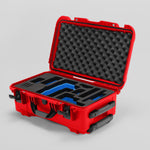 Angled view of Foama Red Color Travel Case and Custom Foam Insert with Blue Layer for RED Monstro