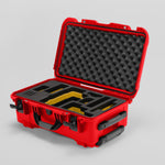 Angled view of Foama Red Color Travel Case and Custom Foam Insert with Yellow Layer for RED Monstro