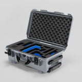 Angled view of Foama Silver Color Travel Case and Custom Foam Insert with Blue Layer for RED Monstro