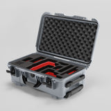 Angled view of Foama Silver Color Travel Case and Custom Foam Insert with Red Layer for RED Monstro