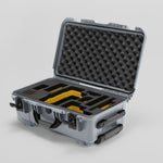 Angled view of Foama Silver Color Travel Case and Custom Foam Insert with Yellow Layer for RED Monstro