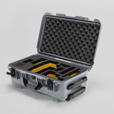Angled view of Foama Silver Color Travel Case and Custom Foam Insert with Yellow Layer for RED Monstro
