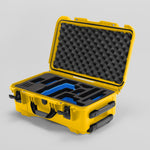 Angled view of Foama Yellow Color Travel Case and Custom Foam Insert with Blue Layer for RED Monstro