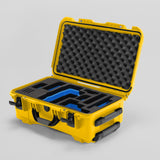 Angled view of Foama Yellow Color Travel Case and Custom Foam Insert with Blue Layer for RED Monstro