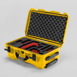 Angled view of Foama Yellow Color Travel Case and Custom Foam Insert with Red Layer for RED Monstro