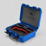 Angled view of Foama Blue Color Travel Case and Custom Foam Insert with Red Layer for SmallHD 703 Bolt Pro