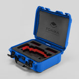 Angled view of Foama Blue Color Travel Case and Custom Foam Insert with Red Layer for SmallHD 703 Bolt Pro