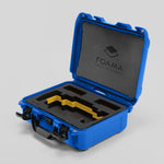 Angled view of Foama Blue Color Travel Case and Custom Foam Insert with Yellow Layer for SmallHD 703 Bolt Pro