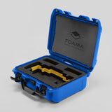 Angled view of Foama Blue Color Travel Case and Custom Foam Insert with Yellow Layer for SmallHD 703 Bolt Pro