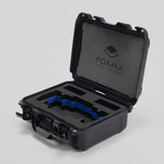 Angled view of Foama Graphite Color Travel Case and Custom Foam Insert with Blue Layer for SmallHD 703 Bolt Pro