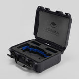 Angled view of Foama Graphite Color Travel Case and Custom Foam Insert with Blue Layer for SmallHD 703 Bolt Pro