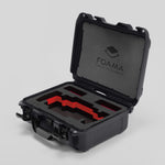 Angled view of Foama Graphite Color Travel Case and Custom Foam Insert with Red Layer for SmallHD 703 Bolt Pro
