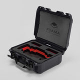 Angled view of Foama Graphite Color Travel Case and Custom Foam Insert with Red Layer for SmallHD 703 Bolt Pro