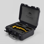 Angled view of Foama Graphite Color Travel Case and Custom Foam Insert with Yellow Layer for SmallHD 703 Bolt Pro