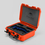 Angled view of Foama Orange Color Travel Case and Custom Foam Insert with Blue Layer for SmallHD 703 Bolt Pro