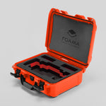 Angled view of Foama Orange Color Travel Case and Custom Foam Insert with Red Layer for SmallHD 703 Bolt Pro