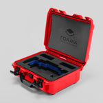 Angled view of Foama Red Color Travel Case and Custom Foam Insert with Blue Layer for SmallHD 703 Bolt Pro