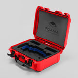 Angled view of Foama Red Color Travel Case and Custom Foam Insert with Blue Layer for SmallHD 703 Bolt Pro
