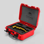Angled view of Foama Red Color Travel Case and Custom Foam Insert with Yellow Layer for SmallHD 703 Bolt Pro