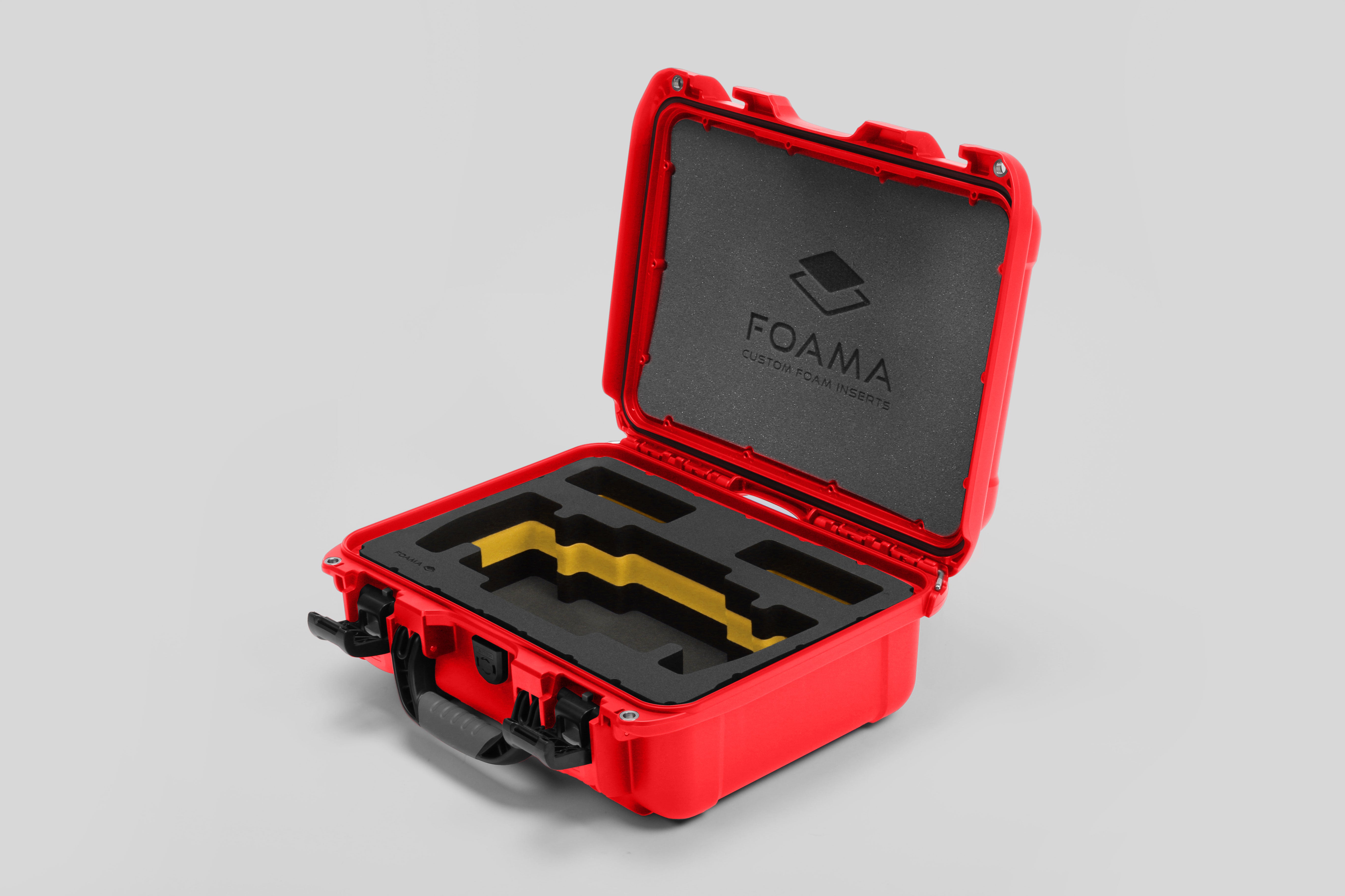 Angled view of Foama Red Color Travel Case and Custom Foam Insert with Yellow Layer for SmallHD 703 Bolt Pro