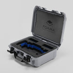 Angled view of Foama Silver Color Travel Case and Custom Foam Insert with Blue Layer for SmallHD 703 Bolt Pro