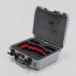 Angled view of Foama Silver Color Travel Case and Custom Foam Insert with Red Layer for SmallHD 703 Bolt Pro