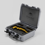 Angled view of Foama Silver Color Travel Case and Custom Foam Insert with Yellow Layer for SmallHD 703 Bolt Pro