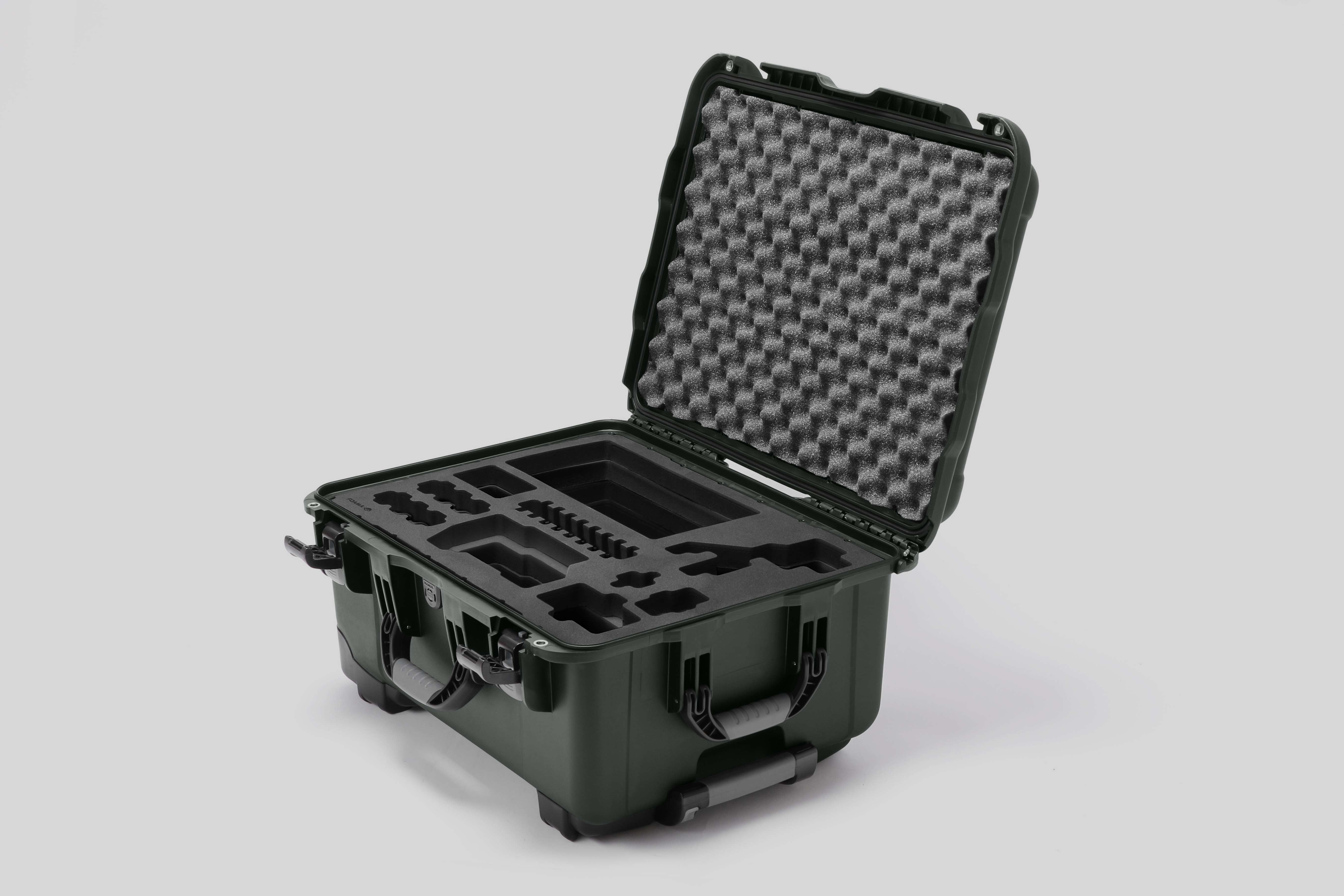 Angled view of Sony FX3 Olive Color Studio Case and Custom Foam Insert