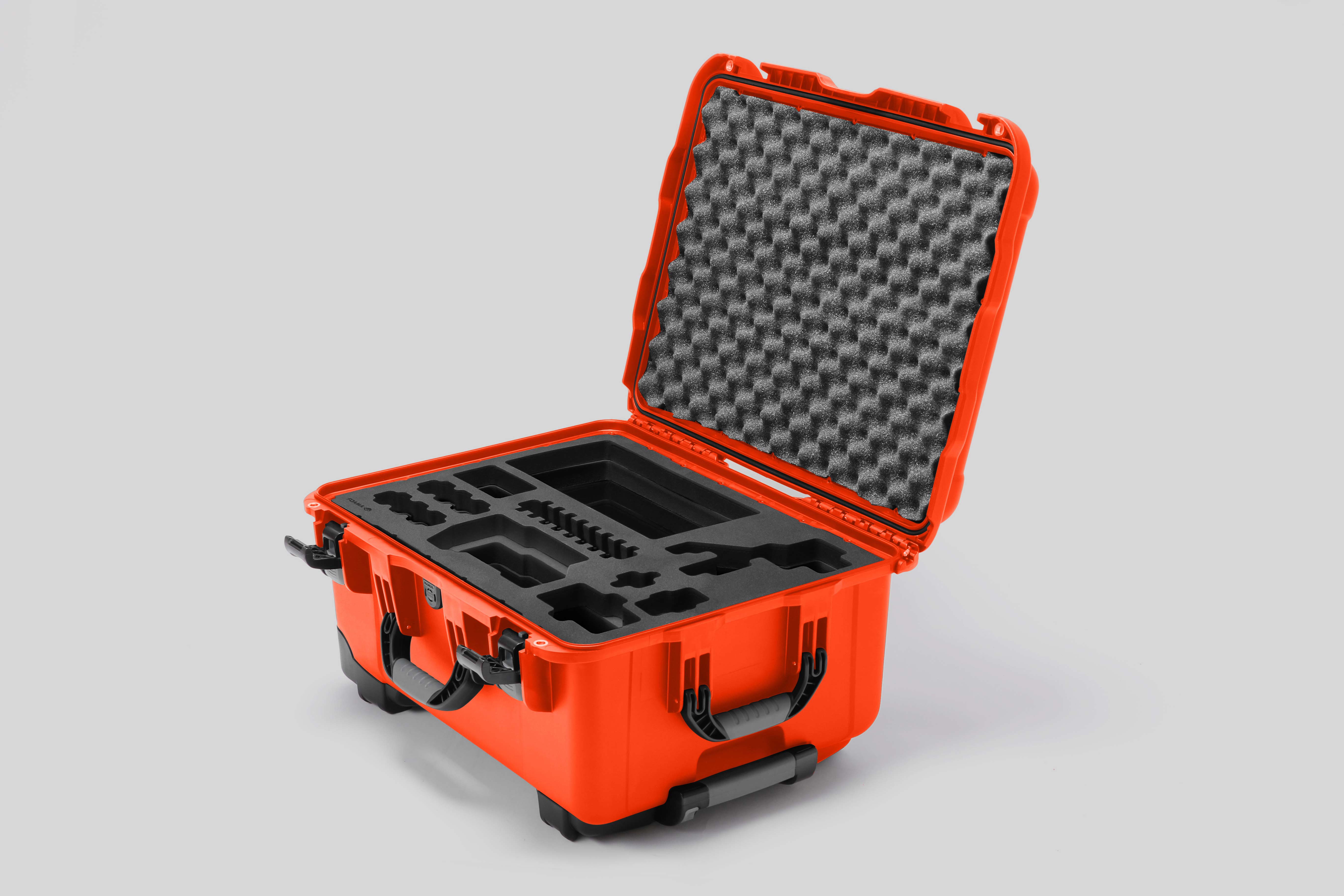 Angled view of Sony FX3 Orange Color Studio Case and Custom Foam Insert