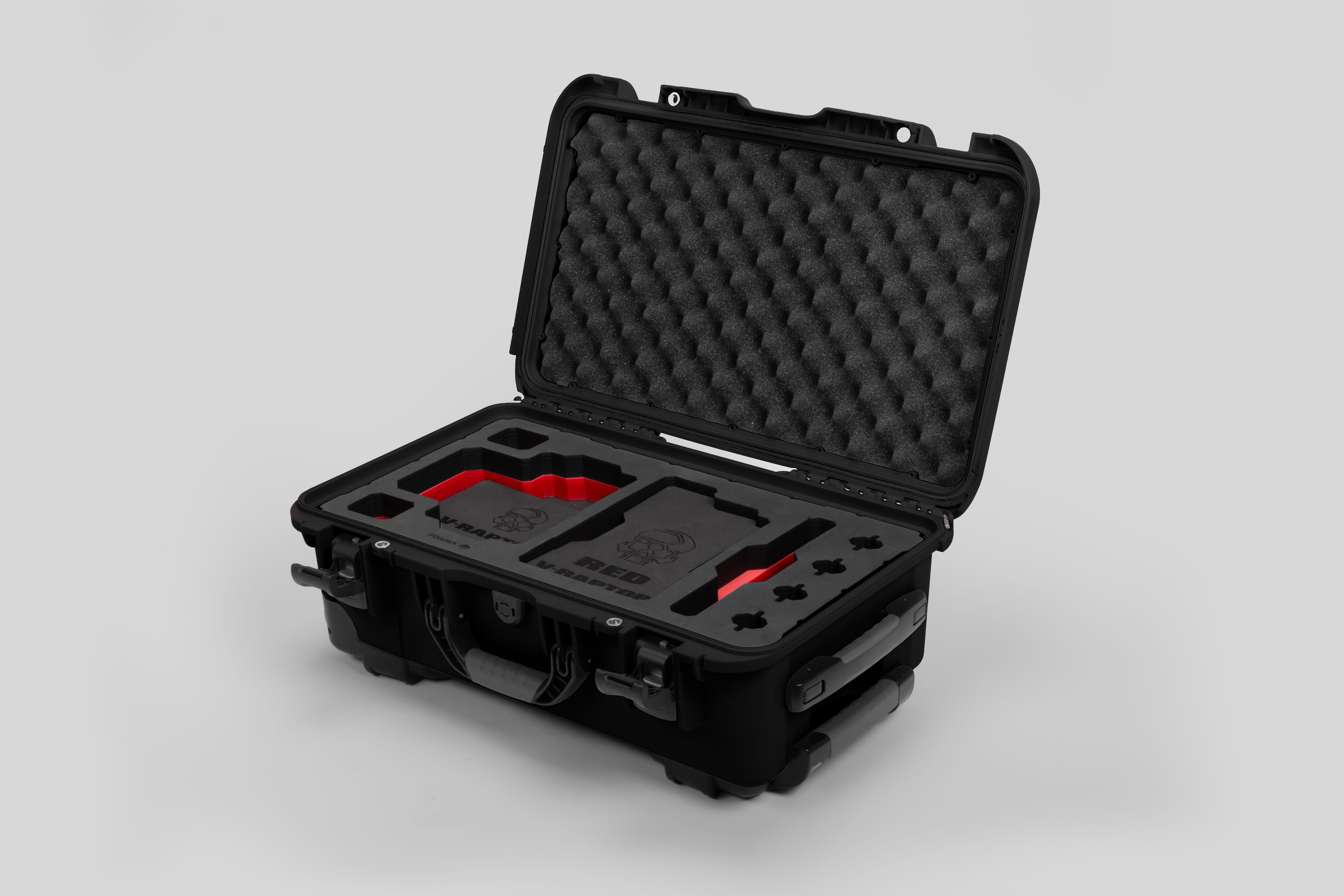 Angle view of Black Color RED V Raptor Carry-On Case with Red Layer Custom Foam Insert
