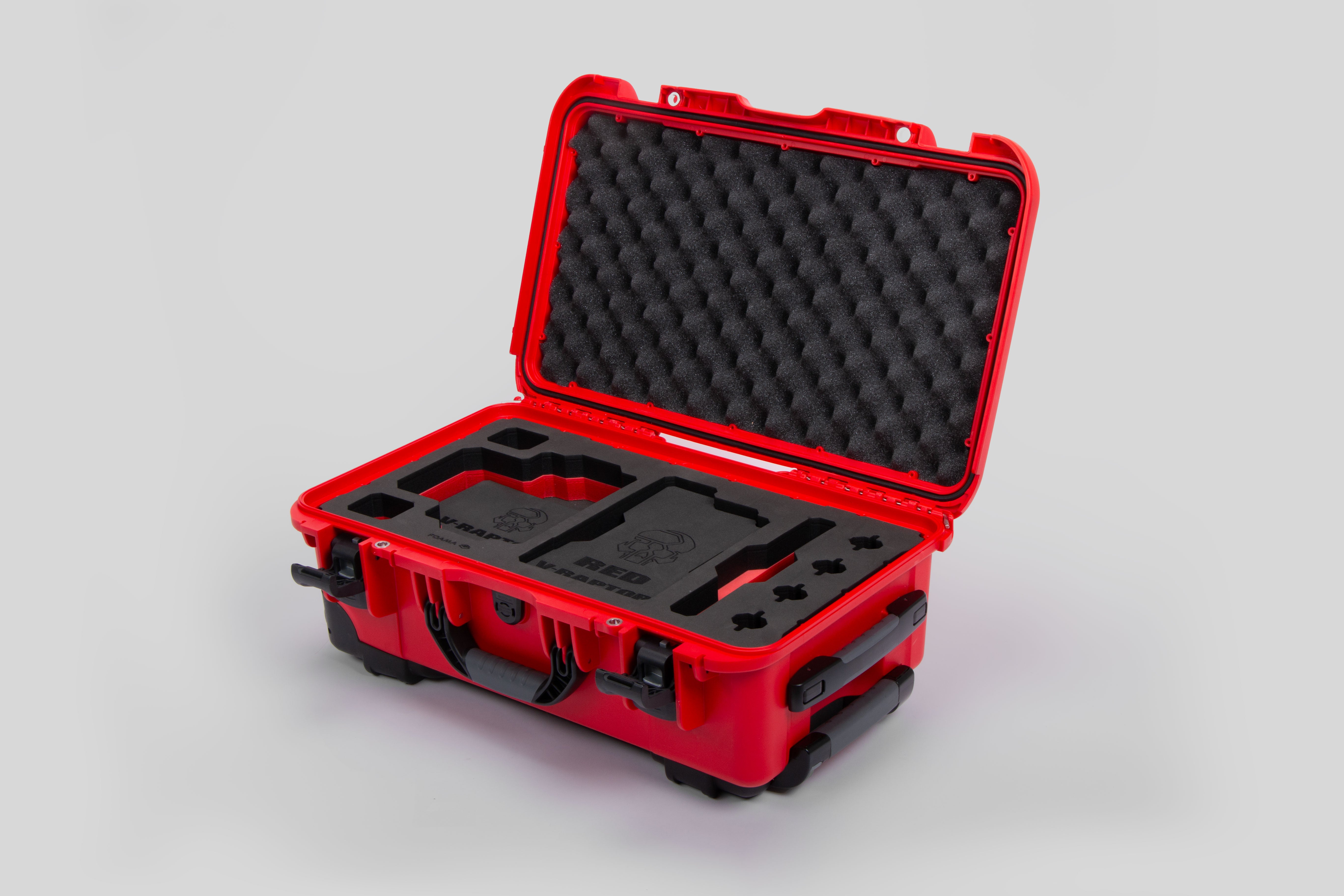 Angle view of Red Color RED V Raptor Carry-On Case with Red Layer Custom Foam Insert