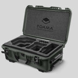 Angled view of Foama Olive Color Carry-on case and Custom Foam Insert for RED Komodo-X