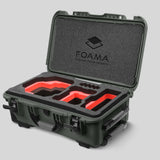 Angled view of Foama Olive Color Carry-on case and Custom Foam Insert with Red Layer for RED Komodo-X