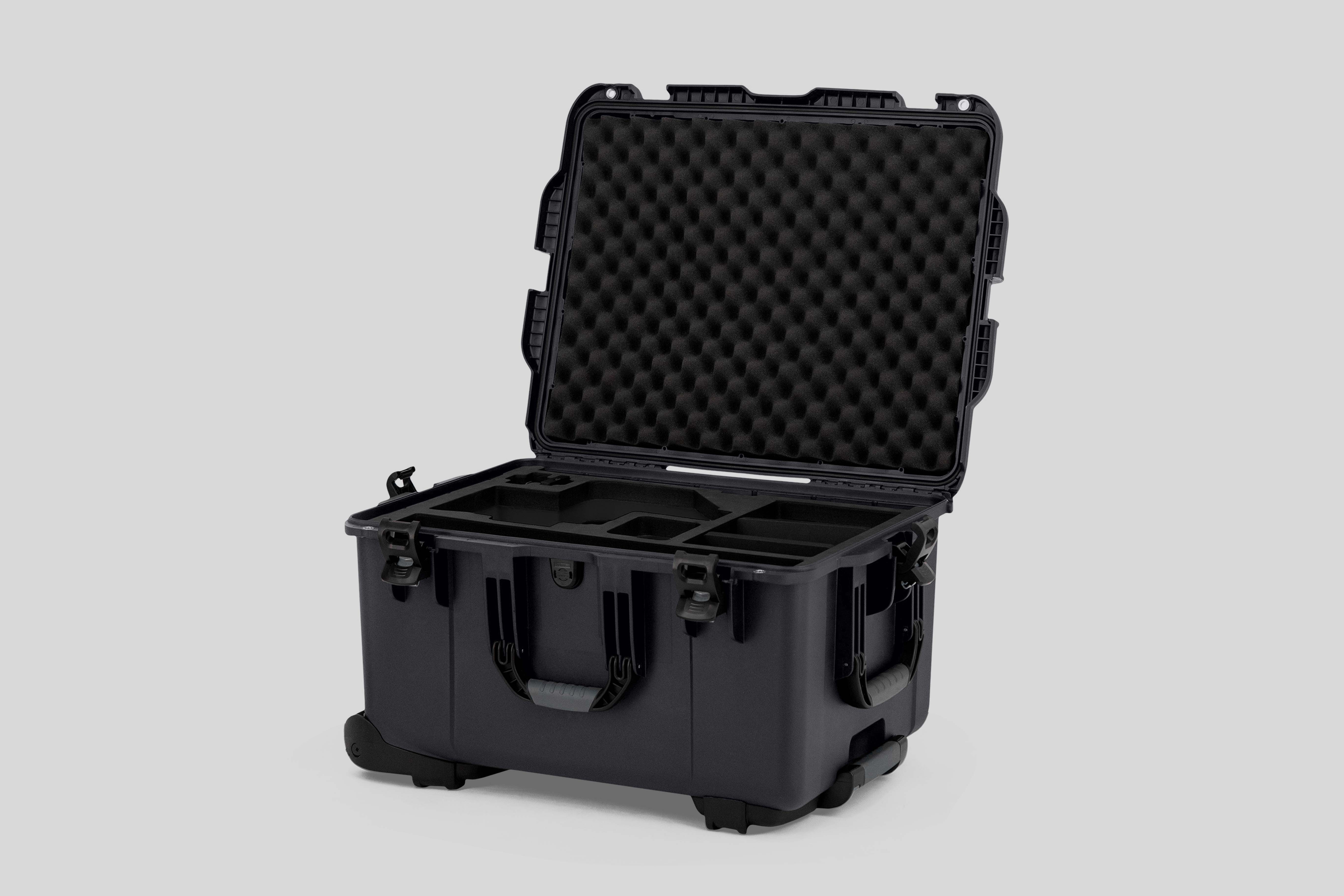 Angle view of Graphite Color Sony Burano Heavy Duty Roller Case and Custom Foam Insert with Black Layer for Burano Camera And Accessories