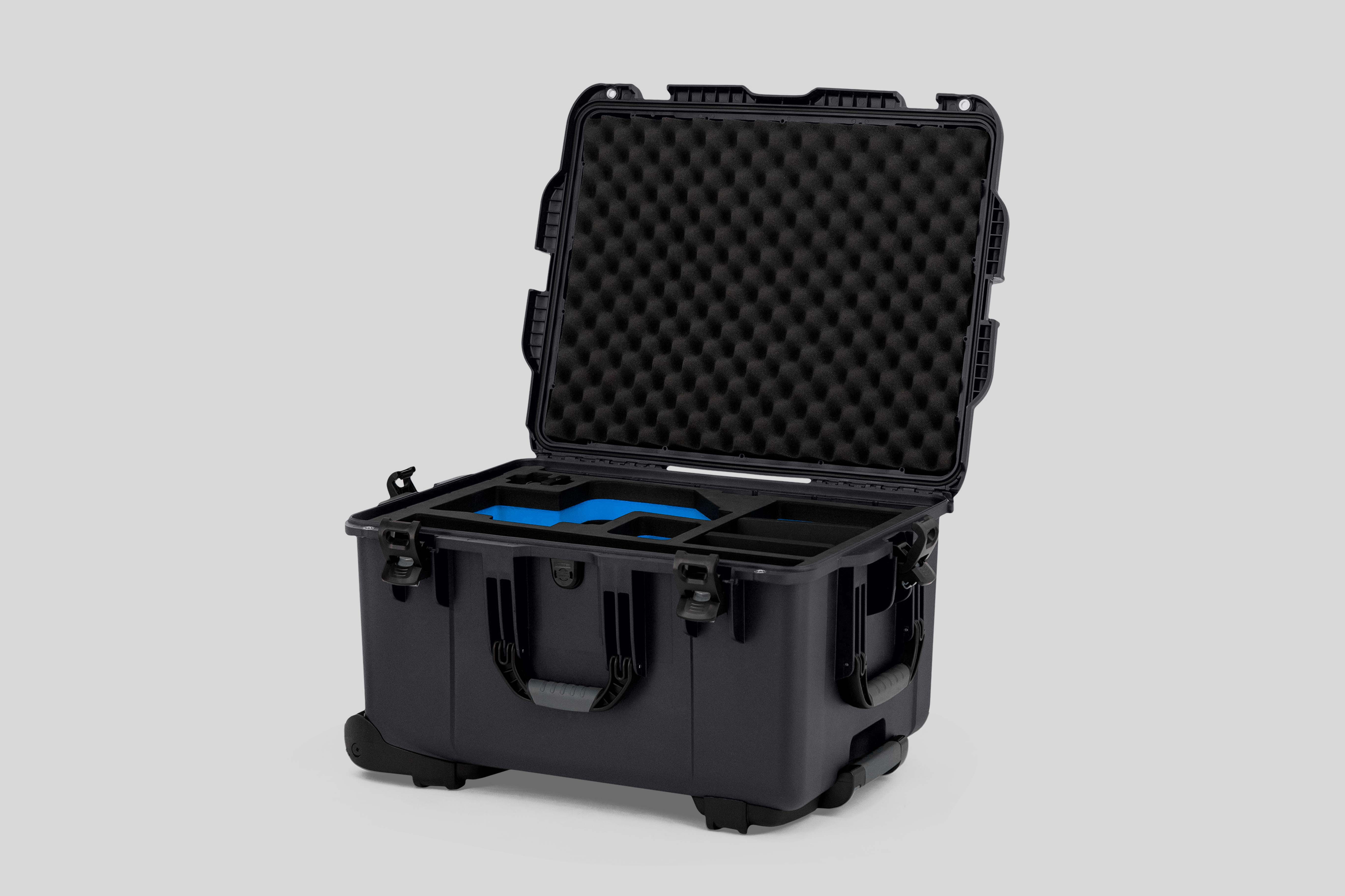Angle view of Graphite Color Sony Burano Heavy Duty Roller Case and Custom Foam Insert with Blue Layer for Burano Camera And Accessories