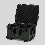 Angle view of Olive Color Sony Burano Heavy Duty Roller Case and Custom Foam Insert with Black Layer  for Burano Camera And Accessories