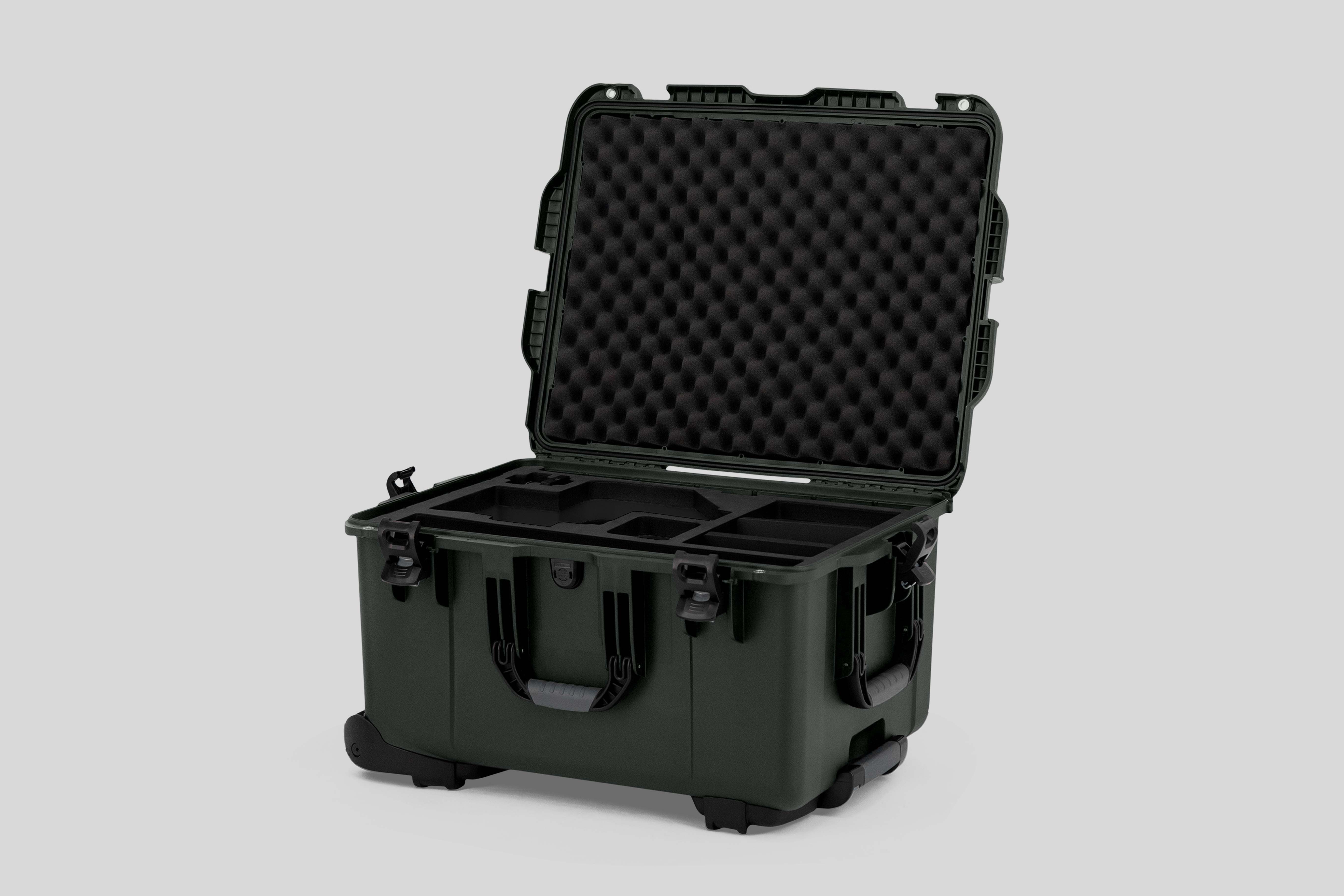 Angle view of Olive Color Sony Burano Heavy Duty Roller Case and Custom Foam Insert with Black Layer  for Burano Camera And Accessories