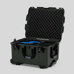 Angle view of Olive Color Sony Burano Heavy Duty Roller Case and Custom Foam Insert with Blue Layer  for Burano Camera And Accessories