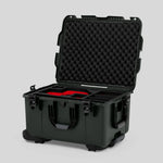 Angle view of Olive Color Sony Burano Heavy Duty Roller Case and Custom Foam Insert with Red Layer for Burano Camera And Accessories