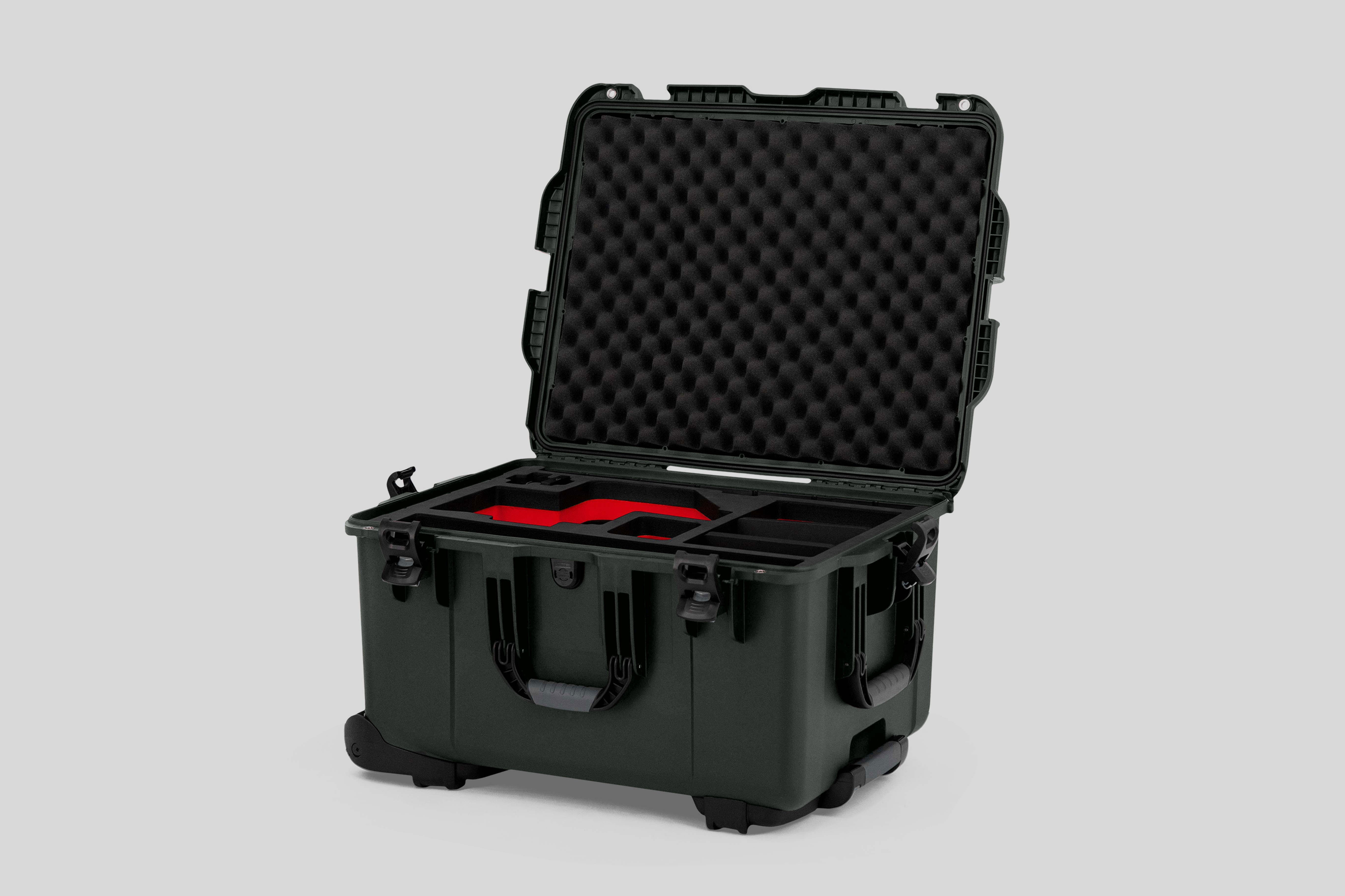 Angle view of Olive Color Sony Burano Heavy Duty Roller Case and Custom Foam Insert with Red Layer for Burano Camera And Accessories