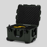 Angle view of Olive Color Sony Burano Heavy Duty Roller Case and Custom Foam Insert with Yellow Layer for Burano Camera And Accessories