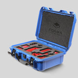 Angled view of Foama Blue Color Carry-on case and Custom Foam Insert with Red Layer for Sony FX-3