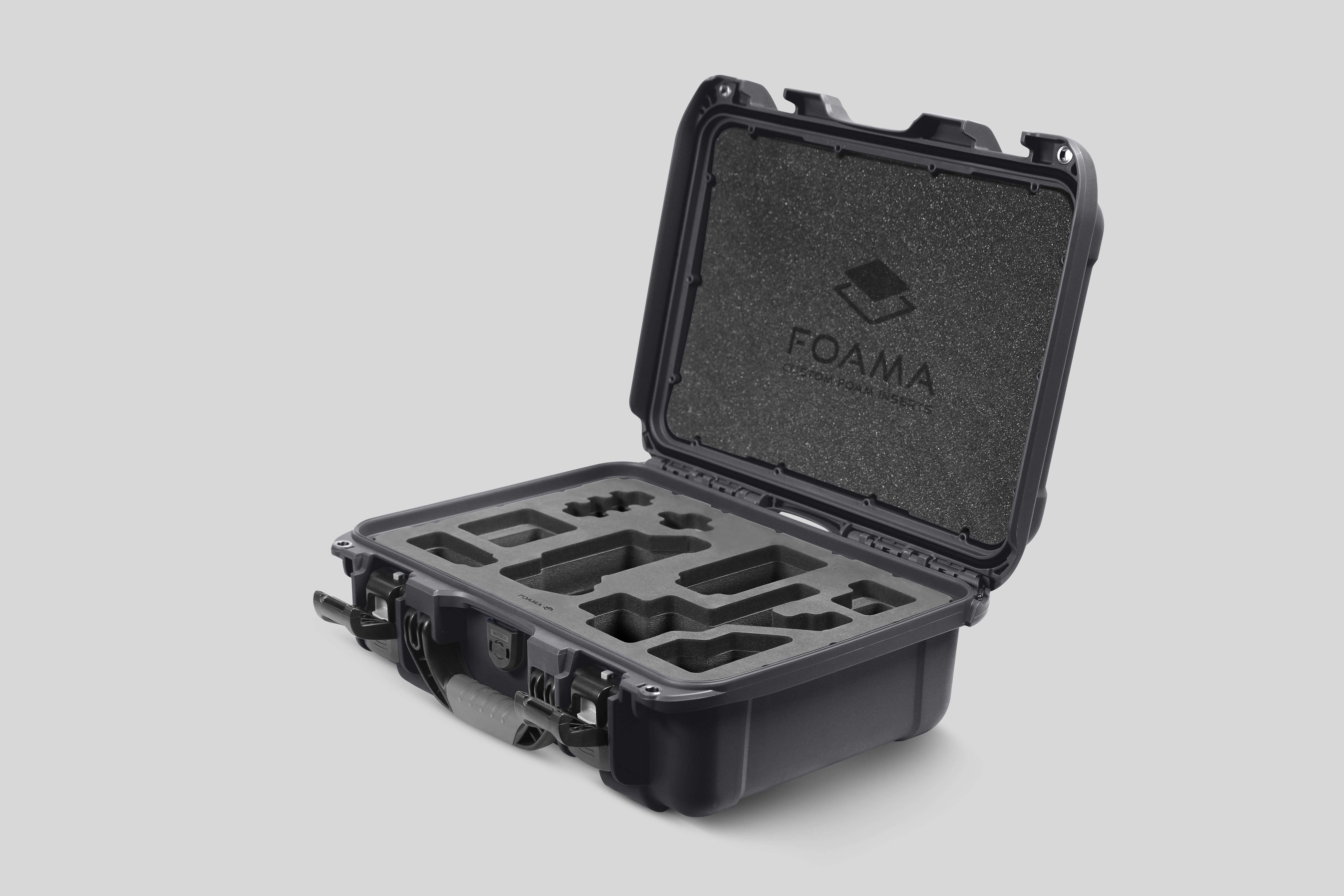 Angled view of Foama Graphite Color Carry-on case and Custom Foam Insert for Sony FX-3
