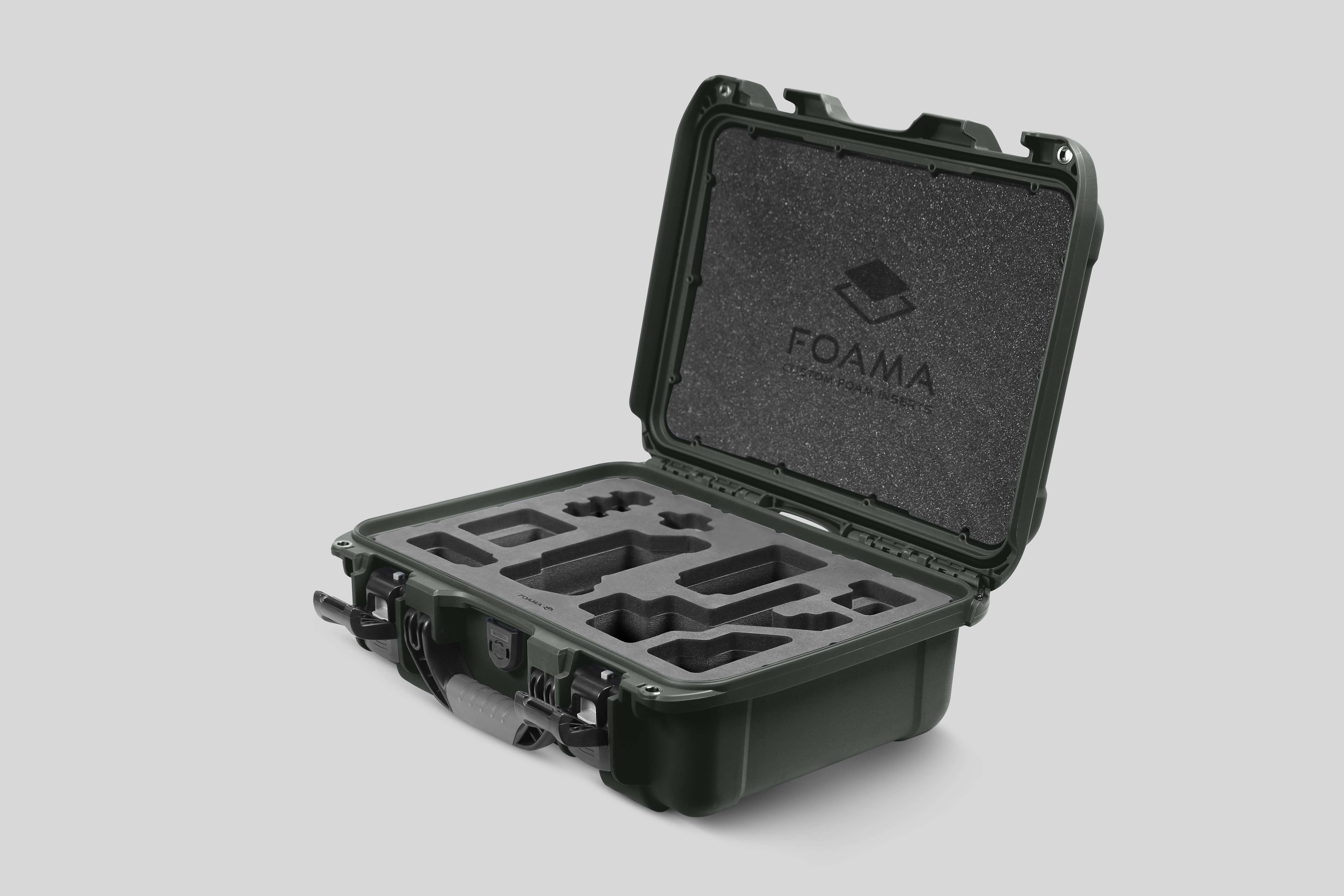 Angled view of Foama Olive Color Carry-on case and Custom Foam Insert for Sony FX-3