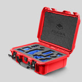 Angled view of Foama Red Color Carry-on case and Custom Foam Insert with Blue Layer for Sony FX-3