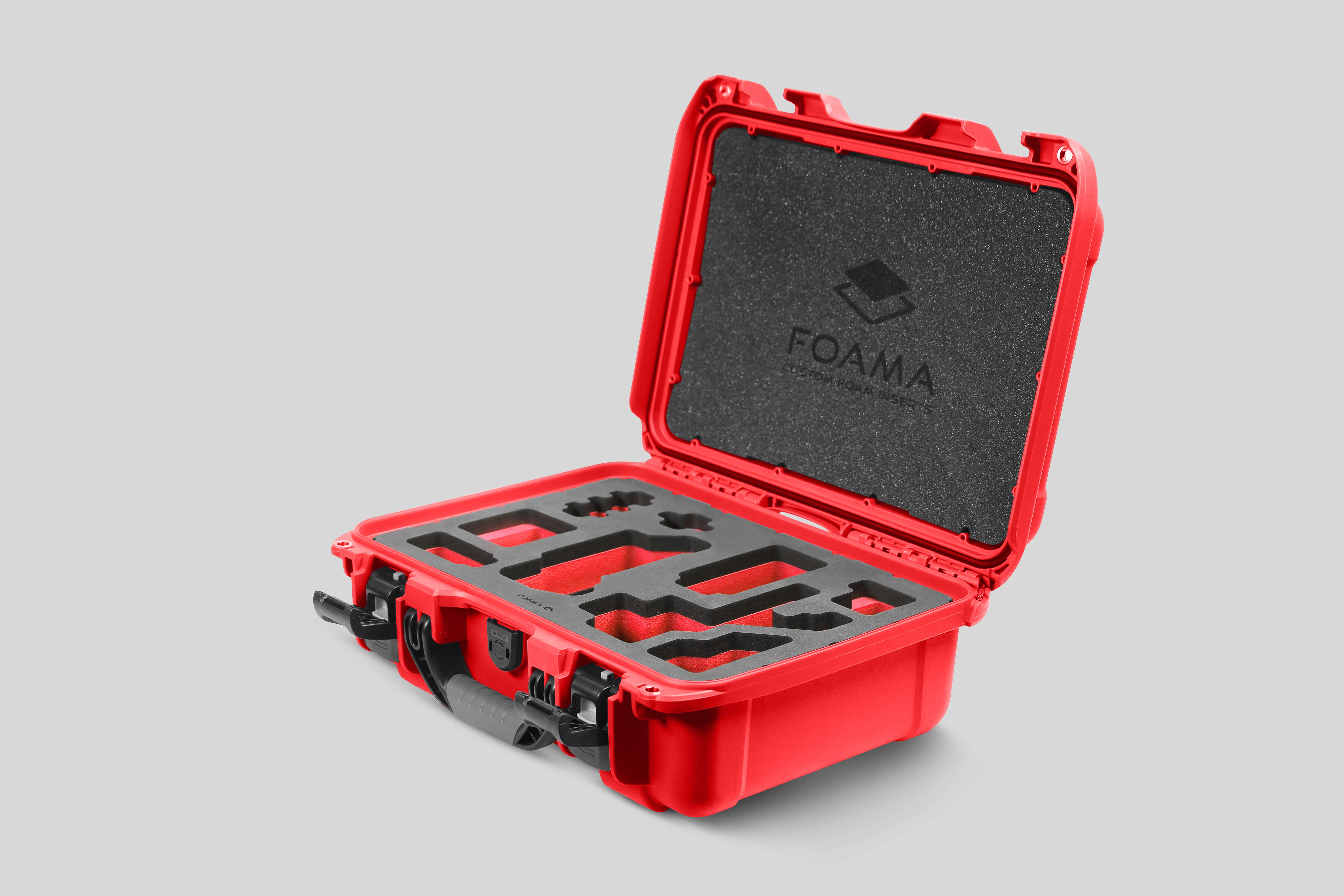 Angled view of Foama Red Color Carry-on case and Custom Foam Insert with Red Layer for Sony FX-3