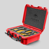 Angled view of Foama Red Color Carry-on case and Custom Foam Insert with Yellow Layer for Sony FX-3
