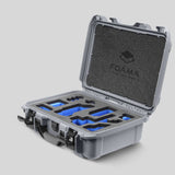 Angled view of Foama Silver Color Carry-on case and Custom Foam Insert with Blue Layer for Sony FX-3